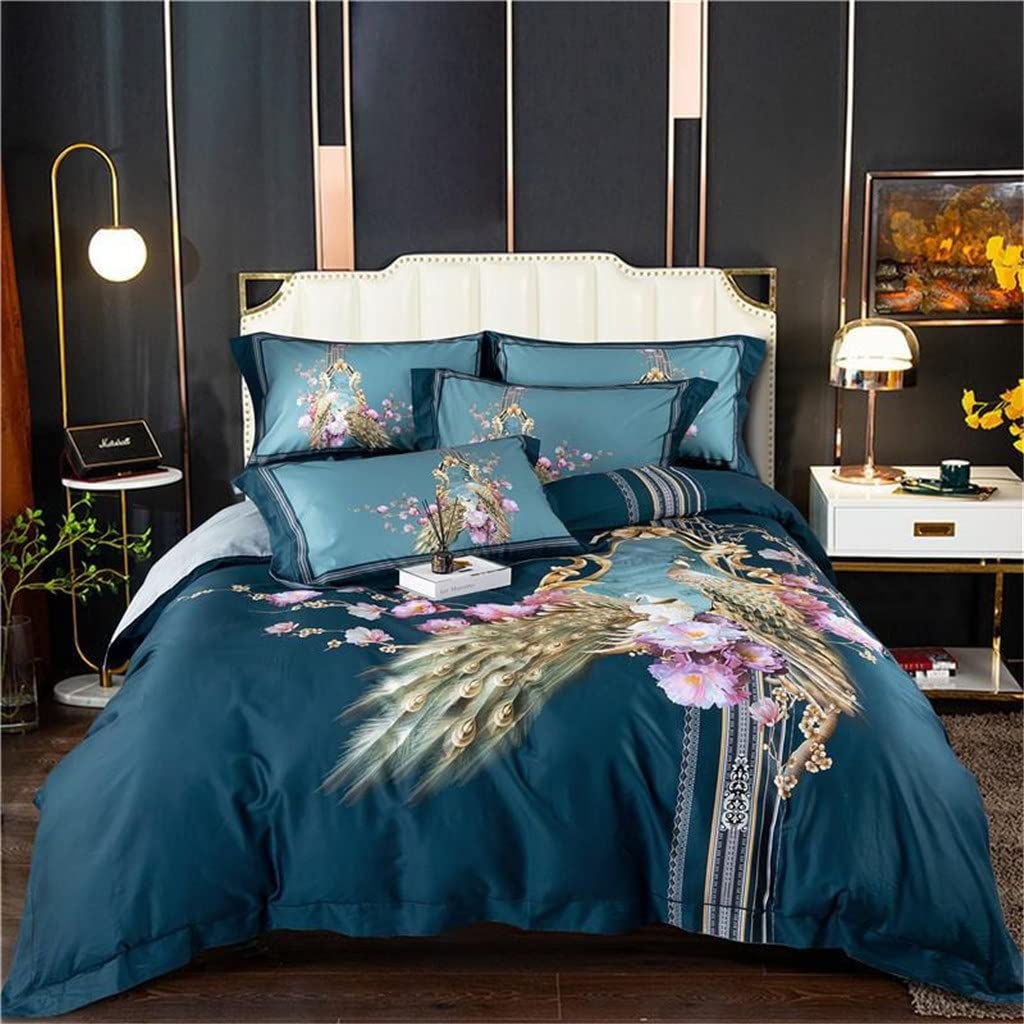 Sbcgfy A Floral Long Staple Cotton Bedding Set Chic Peacock Duvet Cover Blossom Quilted Bed Spread Set Bed Cover Bed Linings,-Queen Size 4Pcs