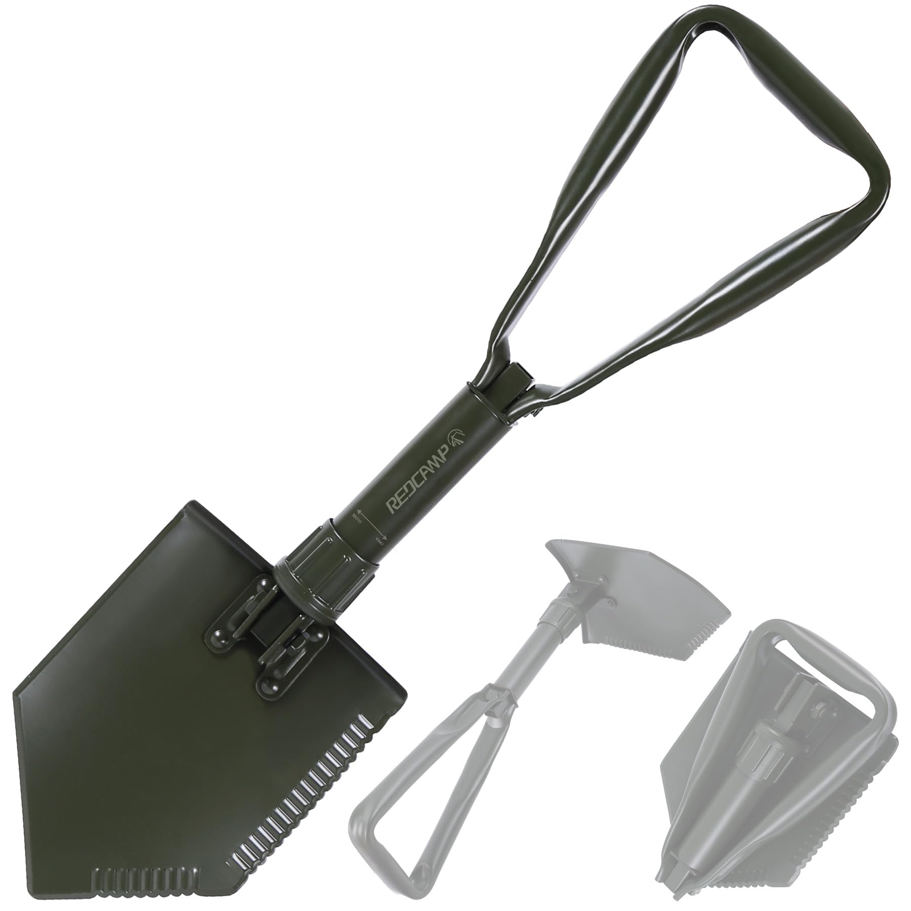 REDCAMP Pelle de Camping Pliante Militaire, Outil de retranchement en Acier à Haute teneur en Carbone, Pelle à Trois Volets avec Couvercle (Vert, 1,4 kg)