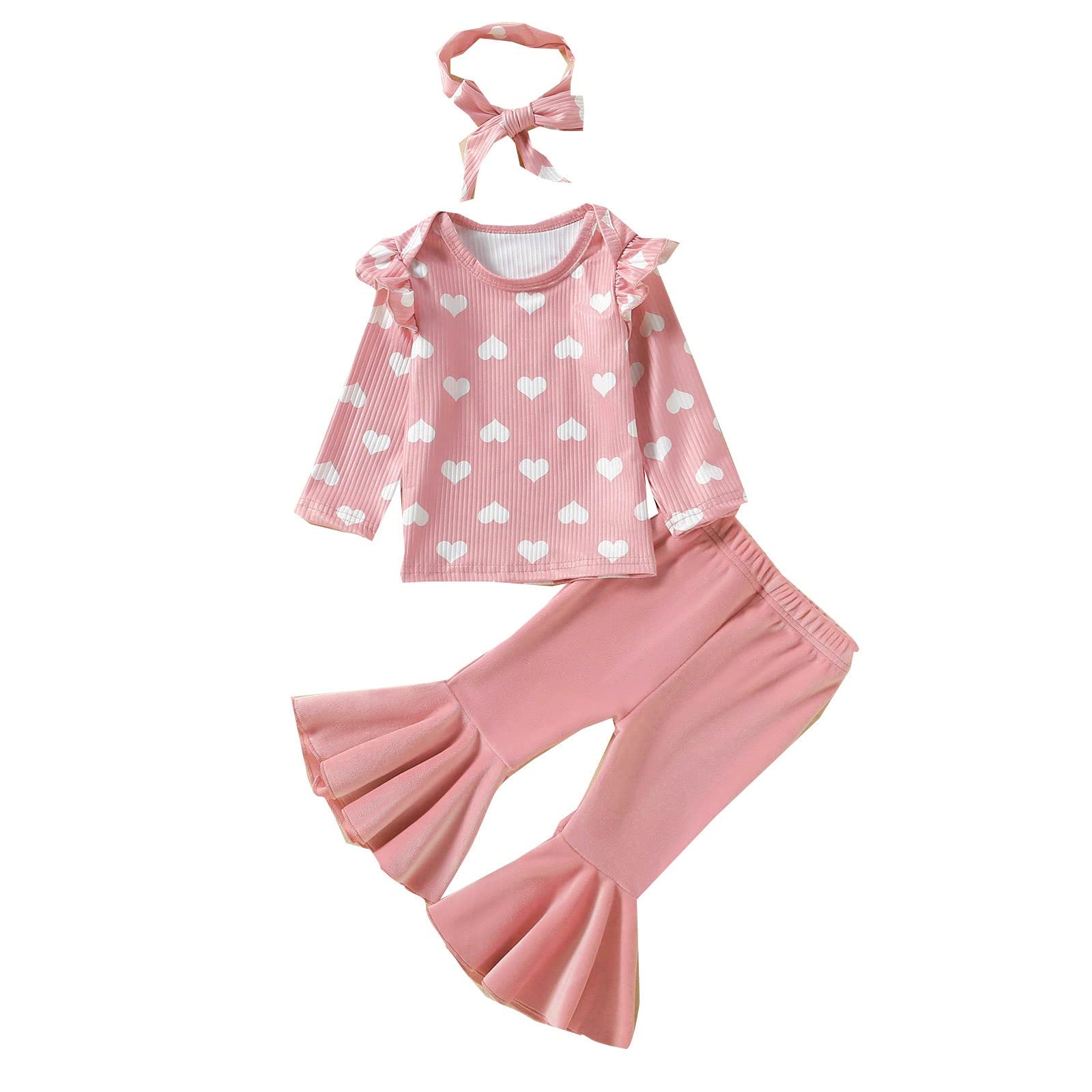 Infant Toddler Baby Girls Clothes Fall Winter Gift Ruffles Shirt Tops + Bell-Bottom Pants+ Headband (Pink, 18-24 Months)
