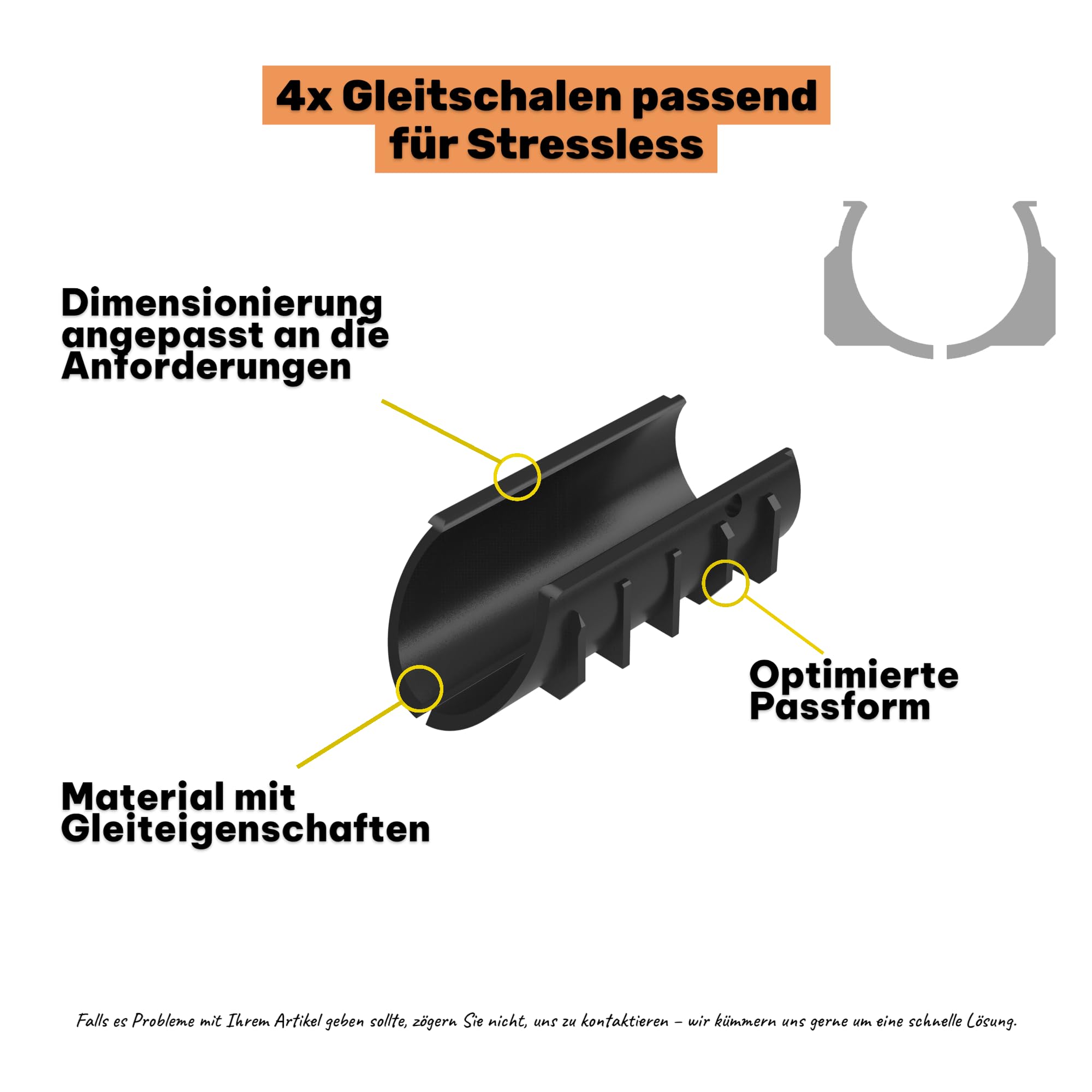 Gleitschale passend für Stressless Sessel - Gleitschiene für Sitzverstellung, Ersatzteil Schale aus verstärktem Kunststoff, Schwarz, 4 Stück