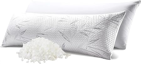 WhatsBedding Memory Foam Body Pillow for Adults with Zipperd Rayon Derived from Bamboo Cover, Breathable Long Pillow for Side Sleeper, Shredded Memory Foam Stuffing, Grey Leaf