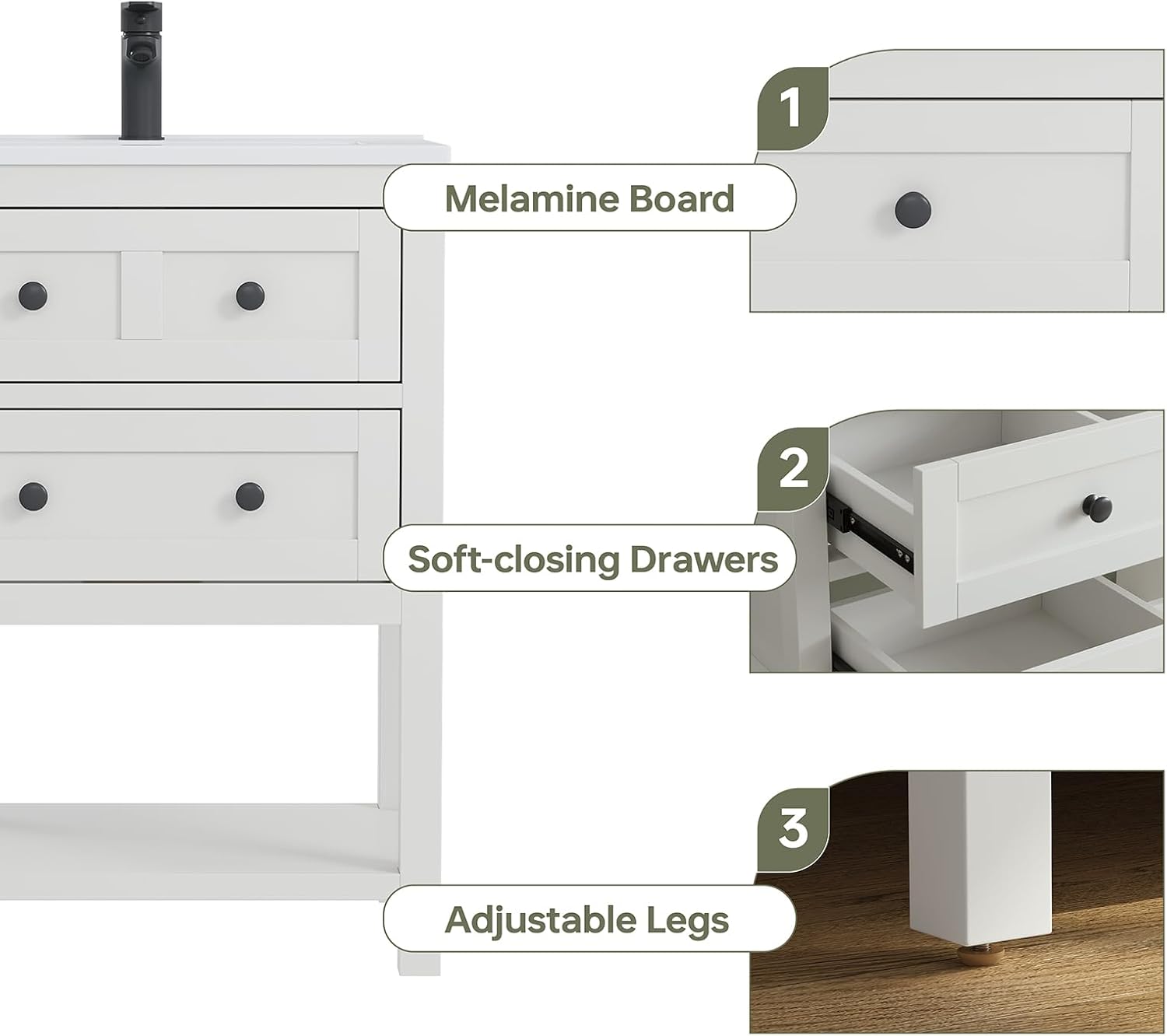 24 Inch Bathroom Vanity with Sink,Modern Bathroom Single Sink Vanity, Storage Cabinet with Drawers& Storage Shelf, Solid Surface Composite Top, White