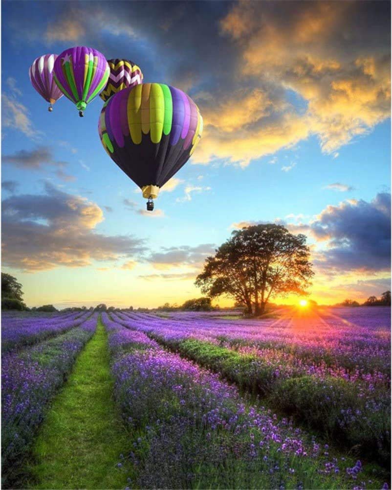 Goodern Paint by Numbers DIY Oil Painting Sunset Tree Purple Landscape Hot Air Balloon Canvas Oil Painting by Digital Numbers for Kids Adults Beginners Home Office Decor-Without Frame