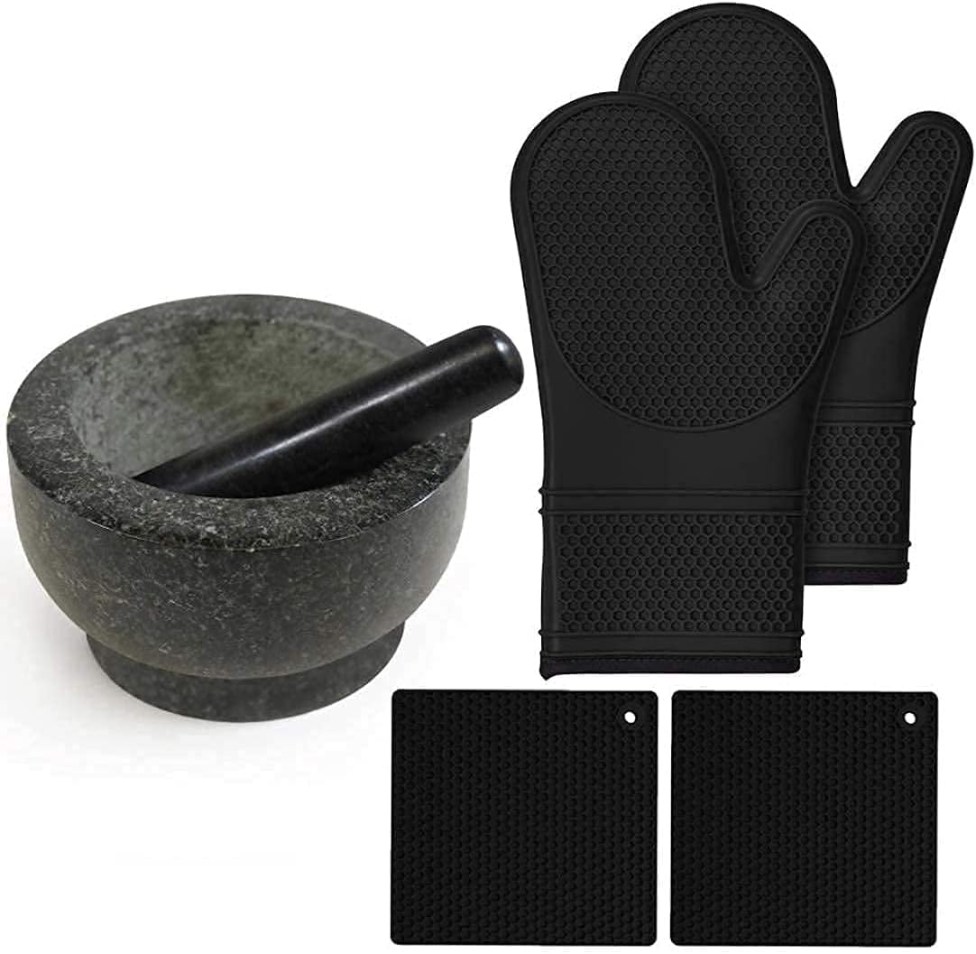 Gorilla Grip Mortar and Pestle Set and Oven Mitt and Pot Holder 4 Piece Set, Granite Mortar and Pestle Holds 4 Cups, Both in Black Color, 2 Item Bundle