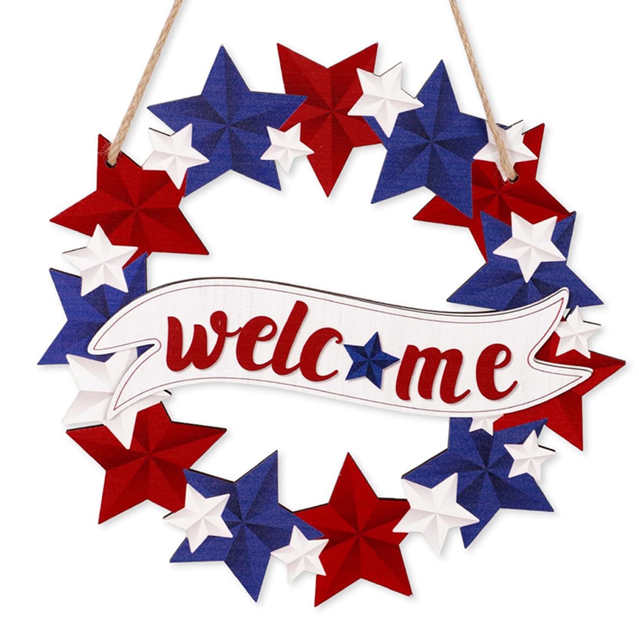 NamUla 4th of July Decorations Welcome Wreath for Front Door Patriotic Wreath Decor Blue Red White Star Sign Independence Day Home Wall Living Room