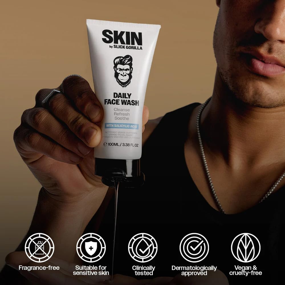 Slick Gorilla Kwas salicylowy do mycia twarzy (100ml) środek do mycia twarzy do kontroli skaz, tłustej i wrażliwej skóry Delikatne głębokie oczyszczanie twarzy dla mężczyzn z aloesem