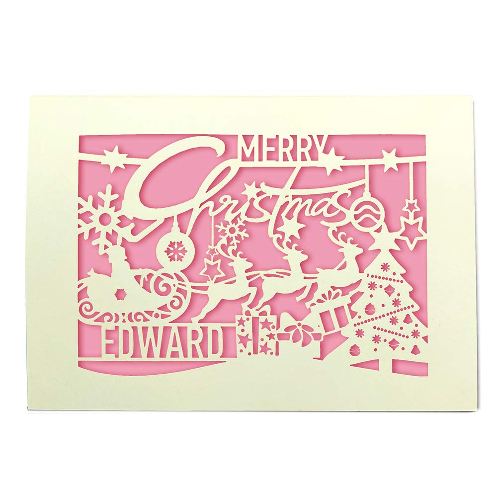 EDSG Personalized Merry Christmas Card 2022 Laser Cut Glitter Paper Cards Xmas Greeting Cards with Envelopes Custom Gift (Pink)