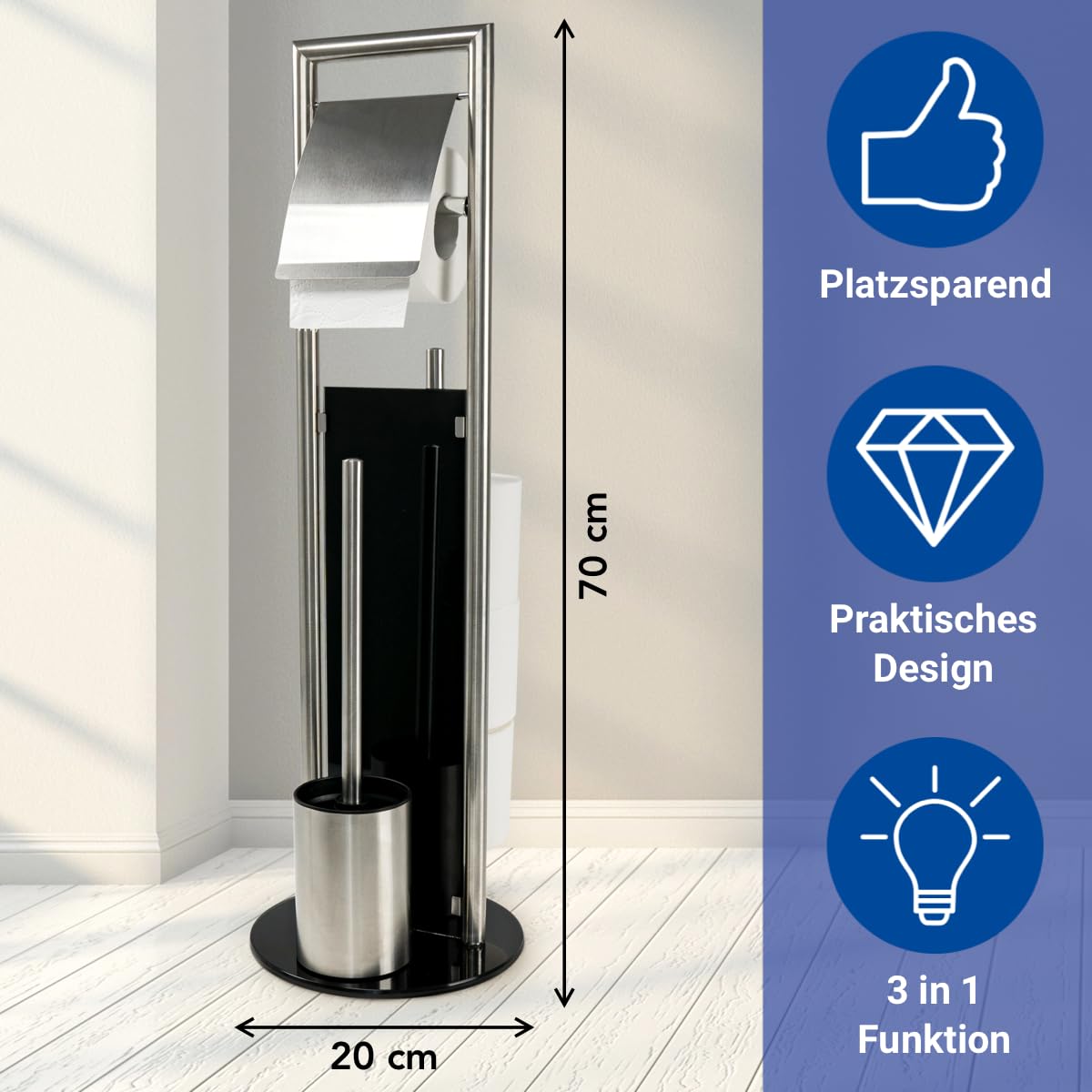 WENKO Stand WC-Garnitur Mod. Ravina 3in1 Edelstahl matt mit Toilettenpapierhalter Ersatzrollenhalter und Bürstenhalter Ø 20 x 70 cm Silber matt