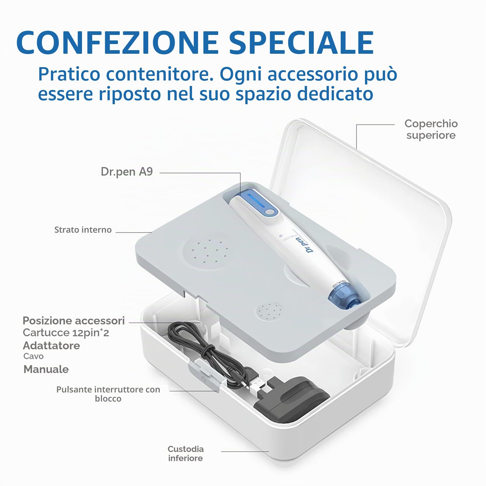 Dr.pen A9, Penna Microneedling Wireless Professionale Elettrica con 12 Cartucce di Ricambio a 12Pin e 10 Cartucce di Ricambio a 36Pin, Riduzione delle Rughe e delle Cicatrici da Acne