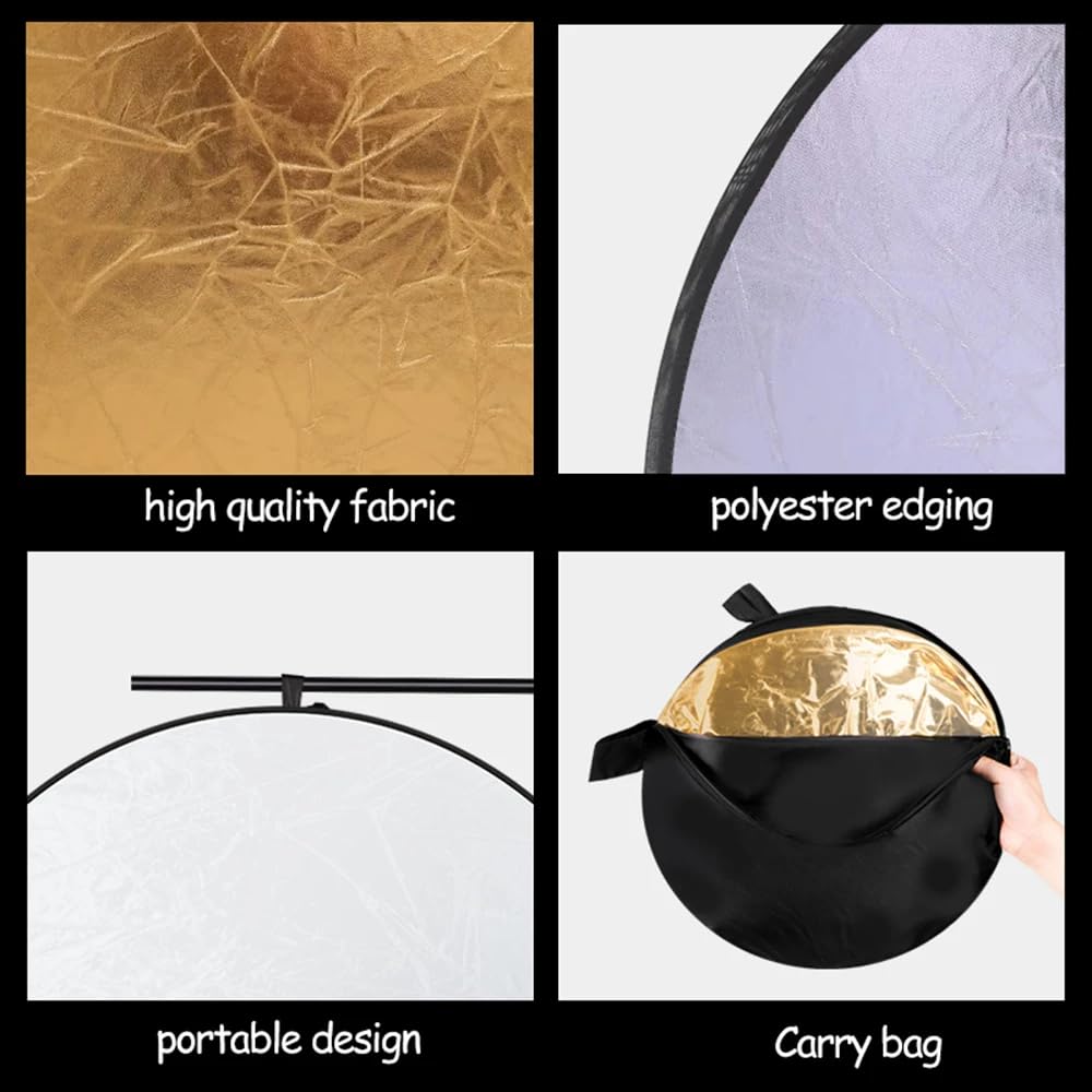 REFLEX CAMERA Kit riflettore fotografico 5 in 1, rotondo, 110 cm, traslucido, argento, oro, bianco, nero, riflettore pieghevole a doppia maniglia con custodia per il trasporto (110 cm/43)