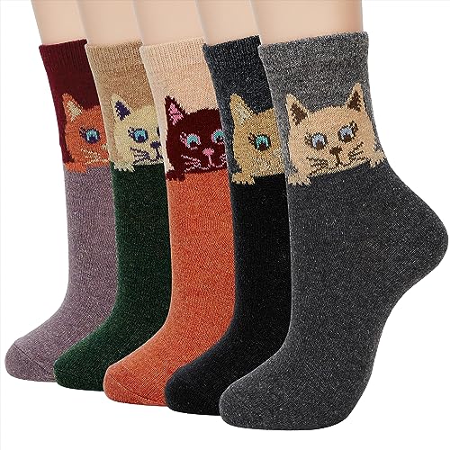 Zando Womens Socks for Women Hiking Socks with Cute Cat Women's Novelty Socks Thick Athletic Socks for Women Size 6-9 Warm Fun Animal Socks Winter Thermal Socks 5 Pairs Peeping Cat One Size -  MNFUXTYAS4963S025P