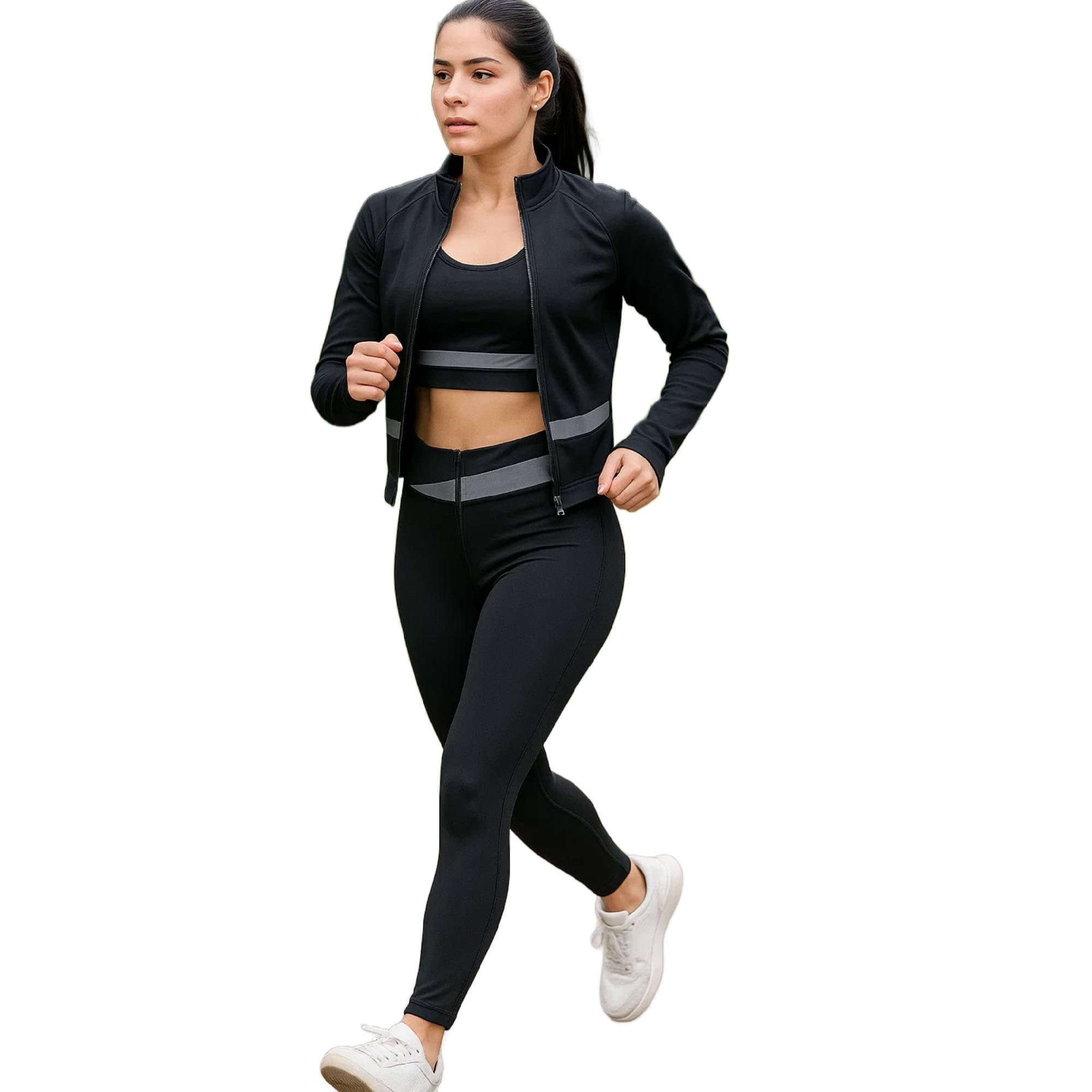 ELEG & STILANCE Women 3 Pcs Nylon Spandex Patchwork Design Gym Sportwear Set Butt Lift High Waist Legging Slim Fit Zipper UV Jacket Thumb Hole & Racerback Padded Sports Bra For Workout-image-35