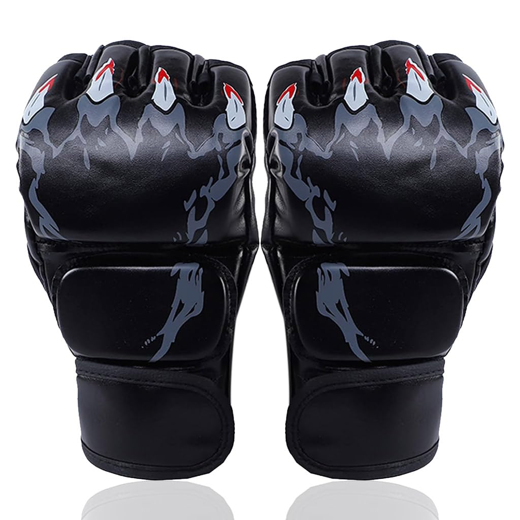 Proberos Boxing Gloves Black Print MMA Gloves with Adjustable Wristban