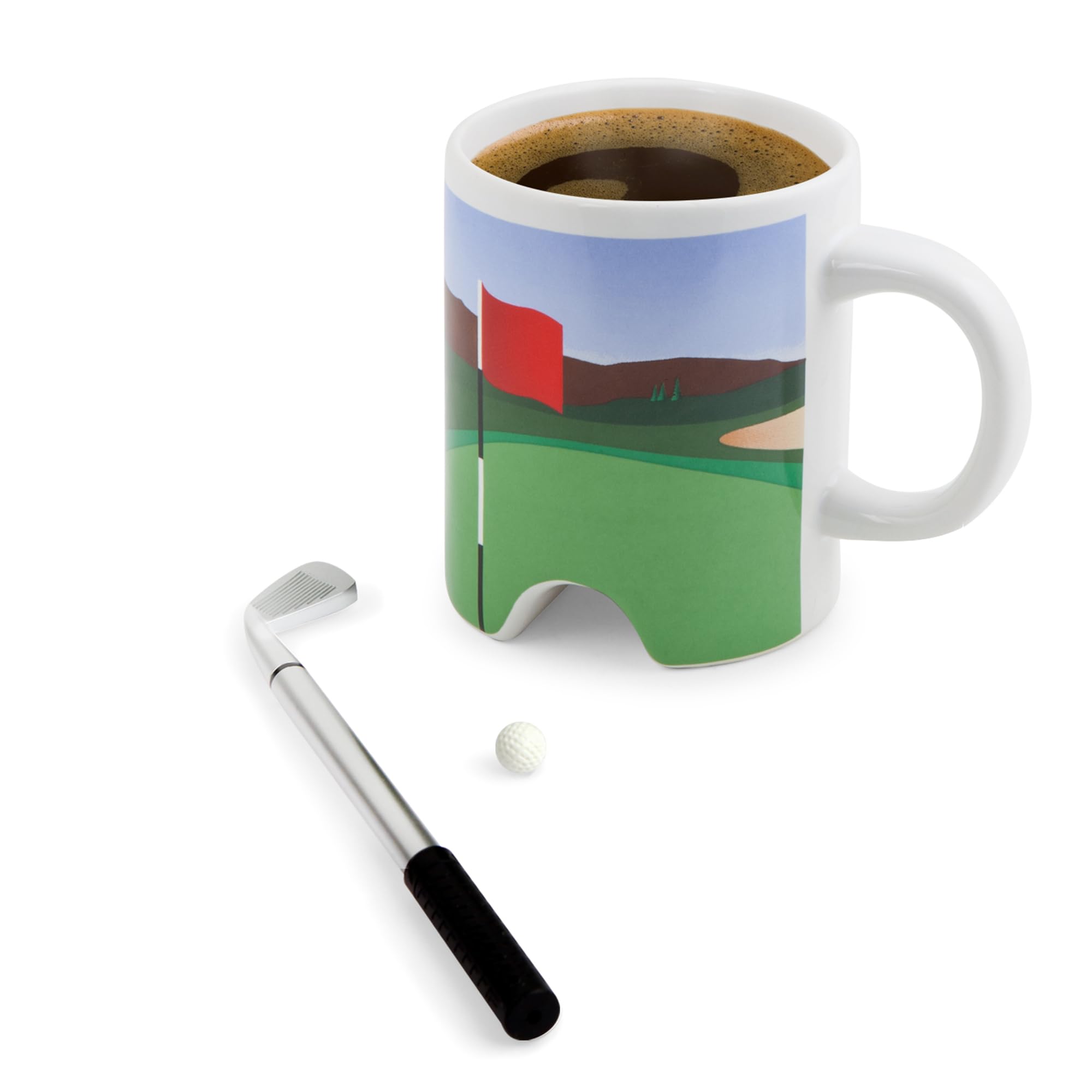 Kikkerland Putting Golf Mug – Fun Desktop Golfing Set for Home & Office – Includes Porcelain Cup with Hole, Mini Golf Ball, & Pen with Club Cap