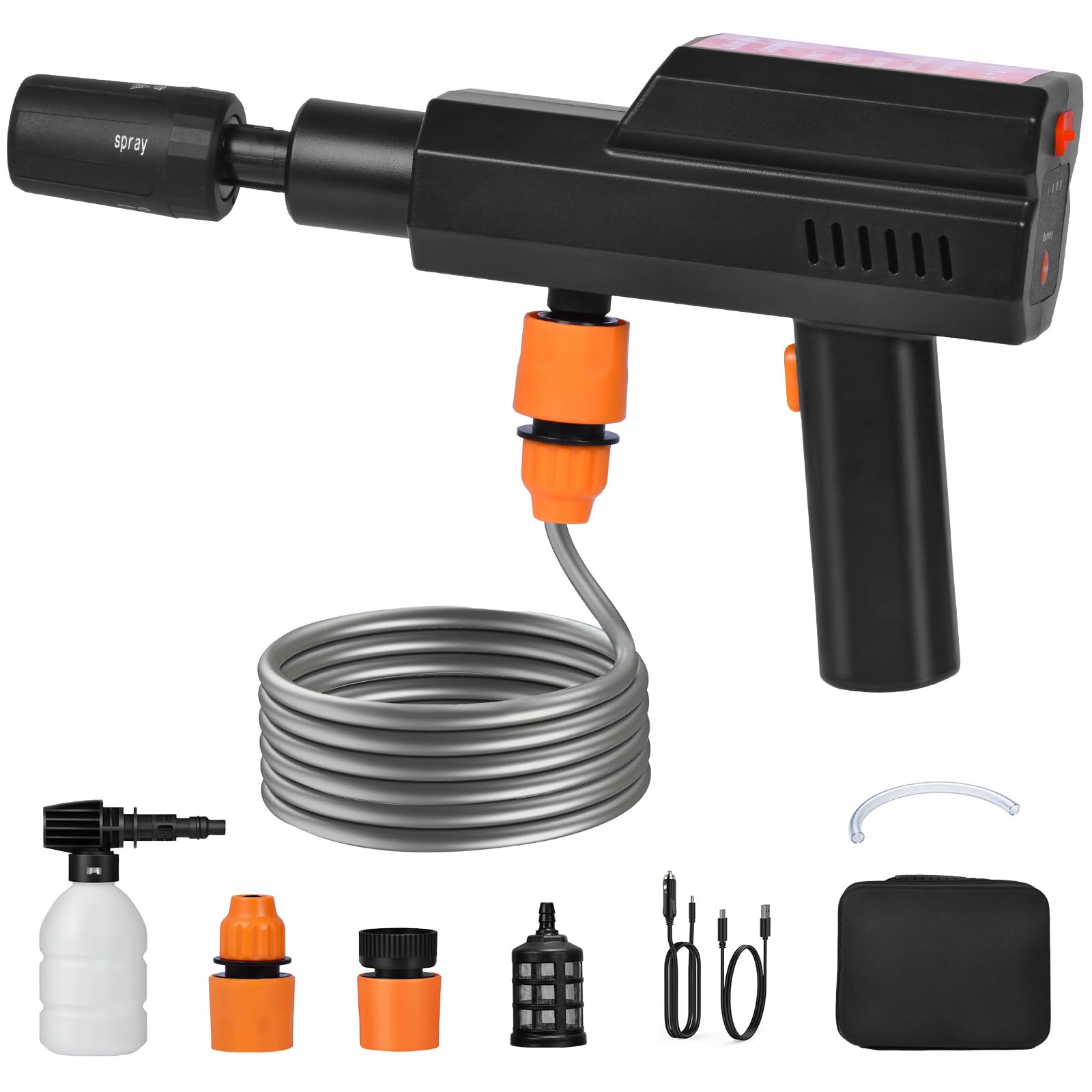 Limpiador de alta presión 5 en 1 con indicador LED de nivel de batería, 12000 mAh, limpiador de alta presión con boquilla multifuncional y manguera de agua de 5 m, limpiador a presión de batería para