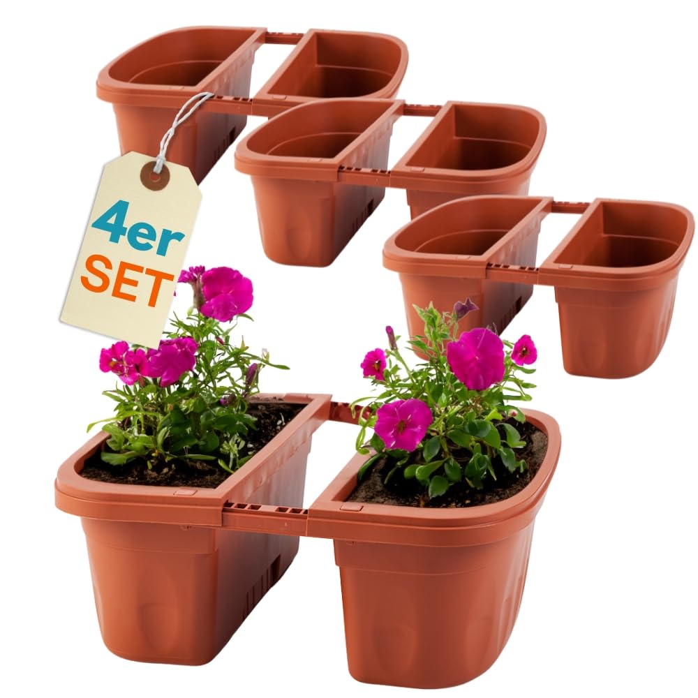 GarPet 4er Set Blumenkasten Balkongeländer Beidseitig Balkon Blumenkasten Doppelseitig Balkonkasten mit Halterung Geländerkasten mit Wasserspeicher Teracotta 50 cm