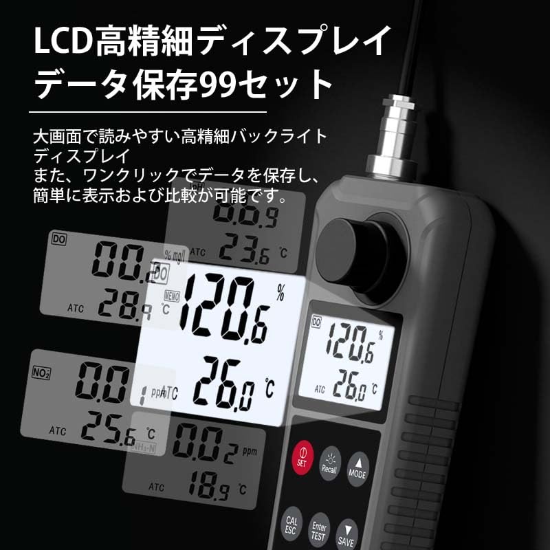The LCD display of the SMART SENSOR AR8407 showing multiple measurement readings and data storage indicators.