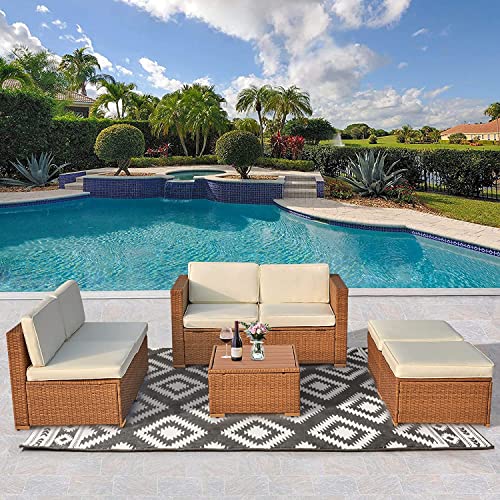 EROMMY 7 Pieces Patio Furniture Set, Modular Outdoor Rattan Conversation Set with 8 Positions Adjustable Bracket, All-Weather PE Wicker Sectional Sofa for Garden, Backyard, Deck, Beige EROMMY 7 Pieces Patio Furniture Set, Modular Outdoor Rattan Conversation Set with 8 Positions Adjustable Bracket, All-Weather PE Wicker Sectional Sofa for Garden, Backyard, Deck, Beige