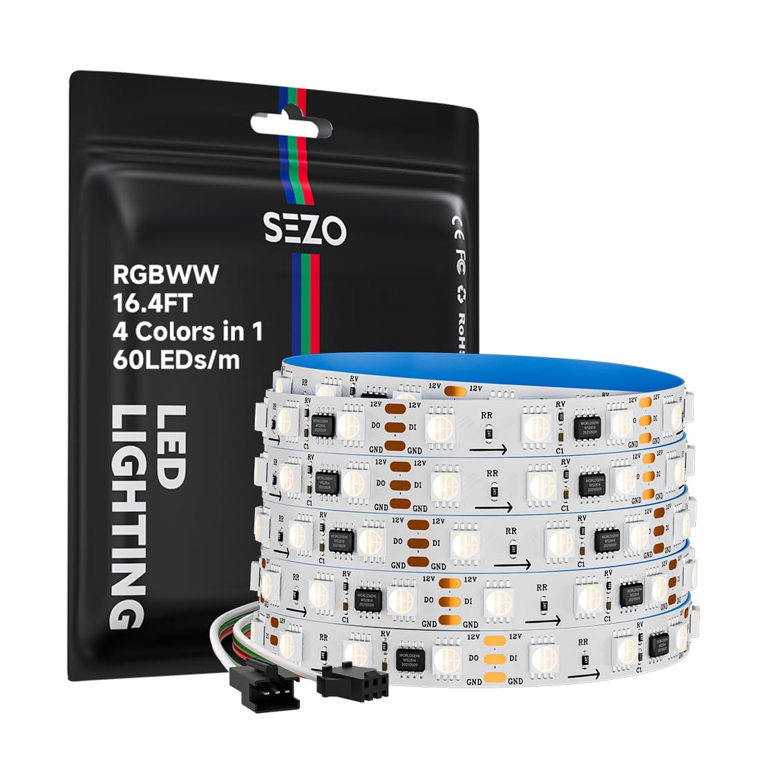 SEZO WS2814 RGBW IC LED Strip 5m 300LEDs DC 12V Direccionable SMD5050 RGB+Blanco cálido Color de ensueño tira de luz Alambre del ejército IP30 no impermeable 3PIN 10mm para decoración de interiores