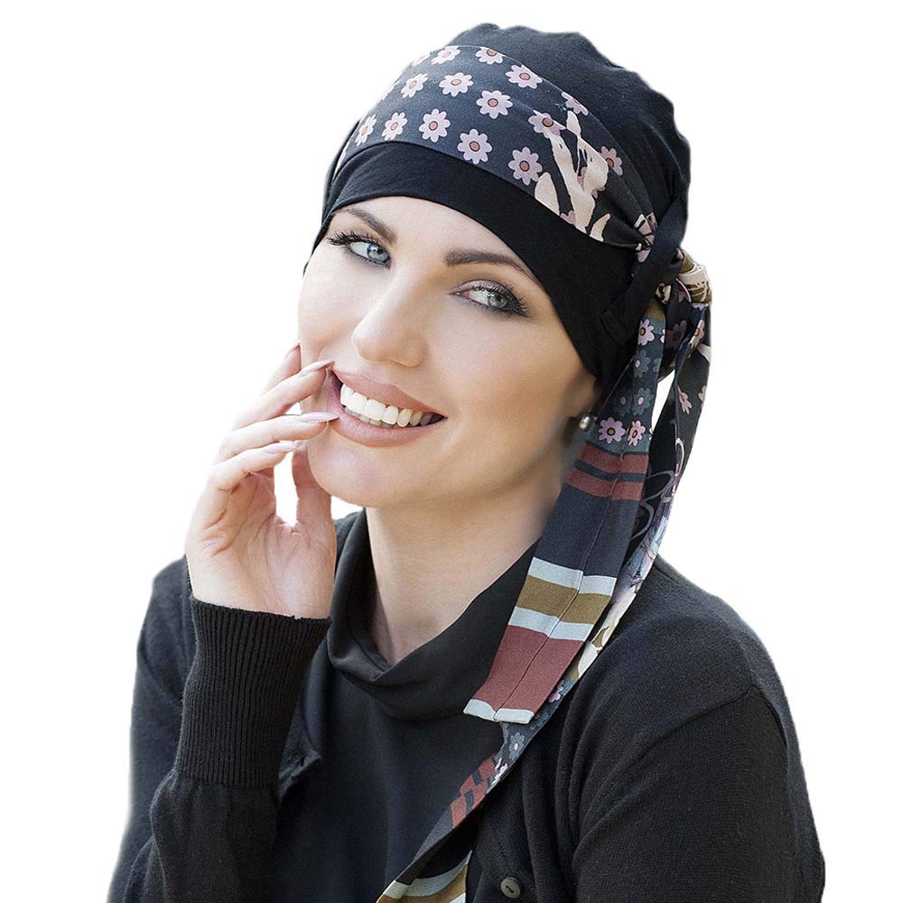 Masumi Women's Black Blush Fiori Cancer Headwear For With Chemo Hairloss | Bamboo Head Turban | Chemotherapy Hat For Teenage Girls | Head Cover | Headgear For Alopecia Patients Yanna (Black Blush Fiori)