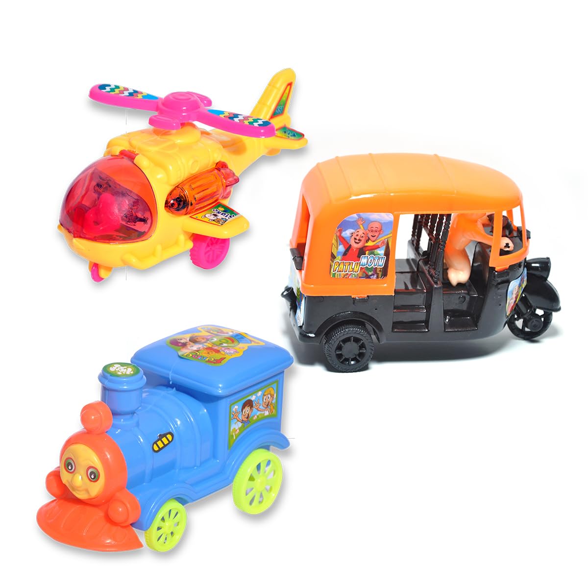 Exciting 3-in-1 Combo|Plastic Pull Back Helicopter, Train,and Auto Rickshaw Model Toys Suitable for Boys & Girls Age 2 Years & Above (Random Colors & Pairs)