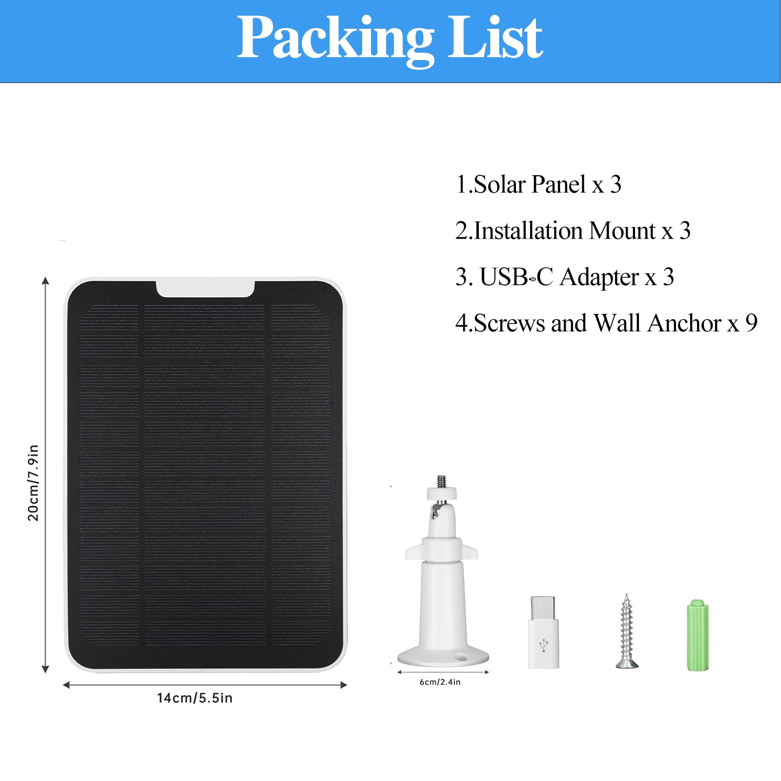 Pannello solare da 5 V 6 W per telecamera di sicurezza, compatibile con Eufycam 2C/2C Pro/2/2 Pro/E20/E40/E, alimentazione continua con porta micro USB, adattatore USB-C e cavo di ricarica da 3 m