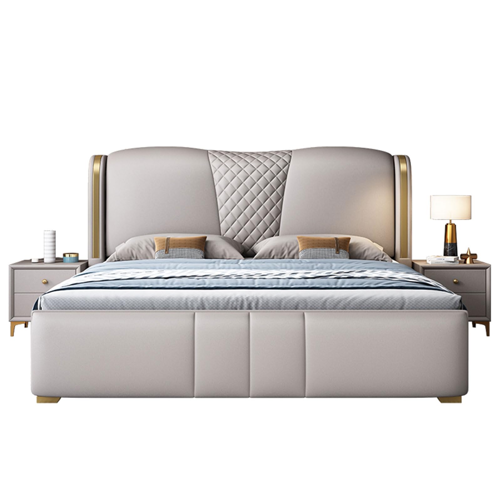 King Size Genuine Leather Wood Bed Upholstered Platform Bed Frame with Wingback Headboard and Drawers Wooden Slats Support
