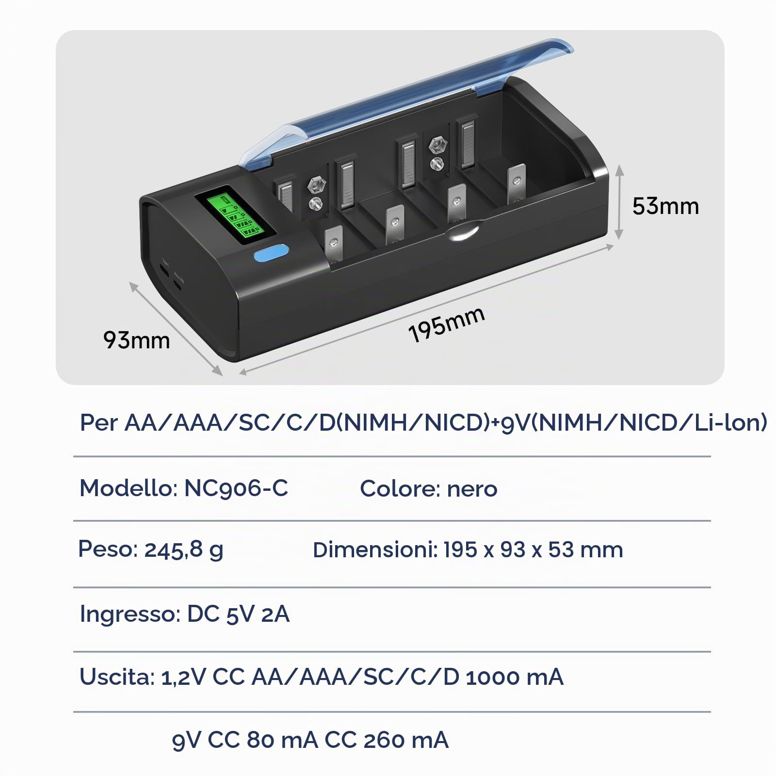 Caricabatterie AA AAA C D 9 V – Caricatore Universale per Batterie AA AAA C D 9 V NiMH NiCD, Funzione di Scarica e Display LCD Ricarica Rapida (Micro USB o tipo C)
