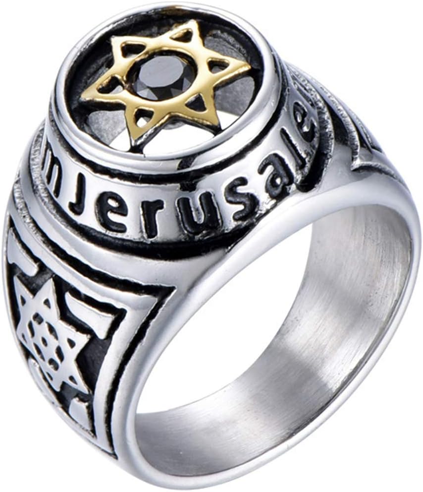 Stainless Steel Jerusalem Star of David Black Onyx Singet Ring