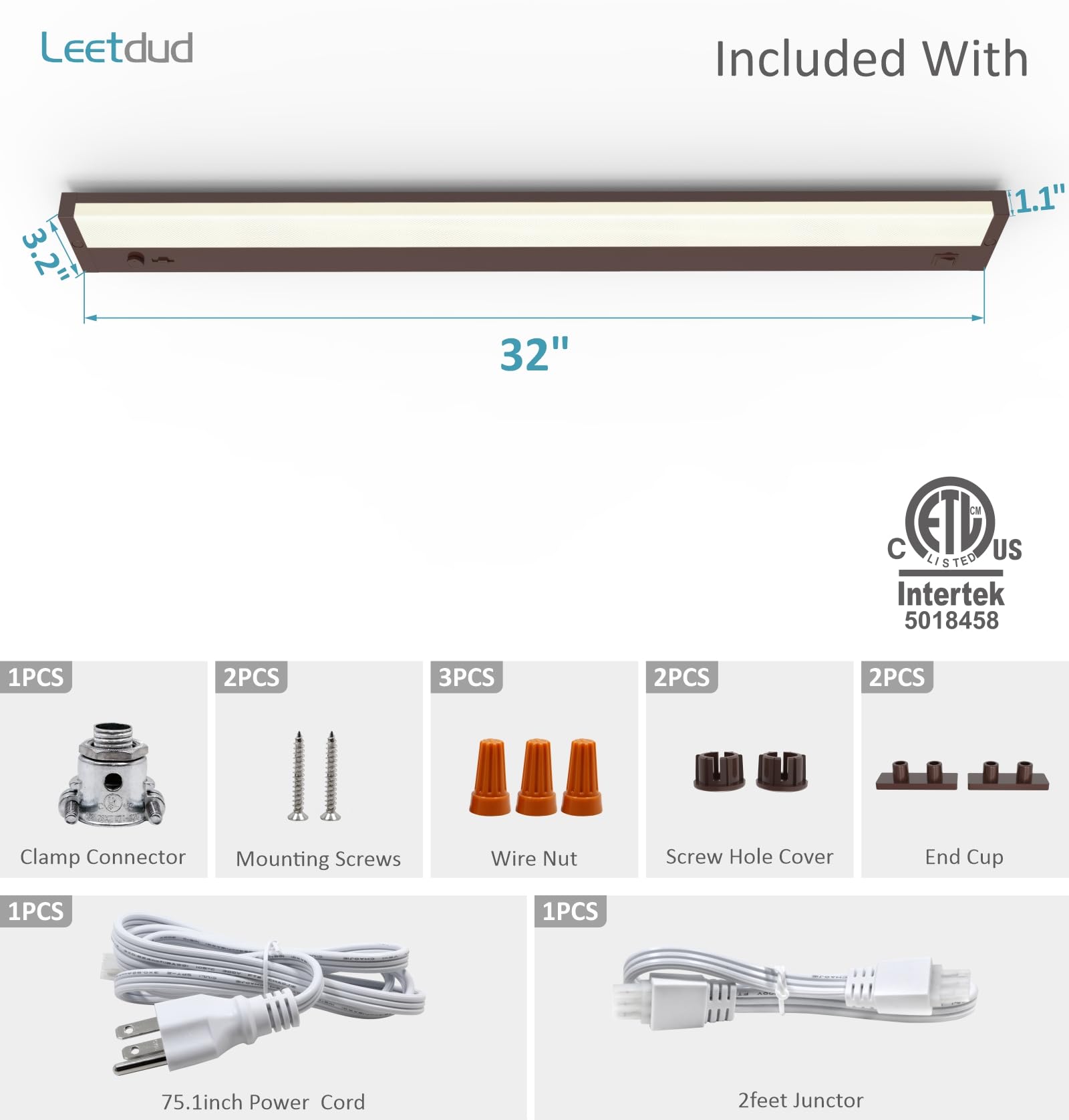 Leetdud - Illuminazione a LED sotto armadio, spina dimmer integrata o cablata, 32 pollici 16W, dimmerabile, 5 colori, 2700K/3000K/3500K/4000K/5000K, ETL elencato collegabile sotto