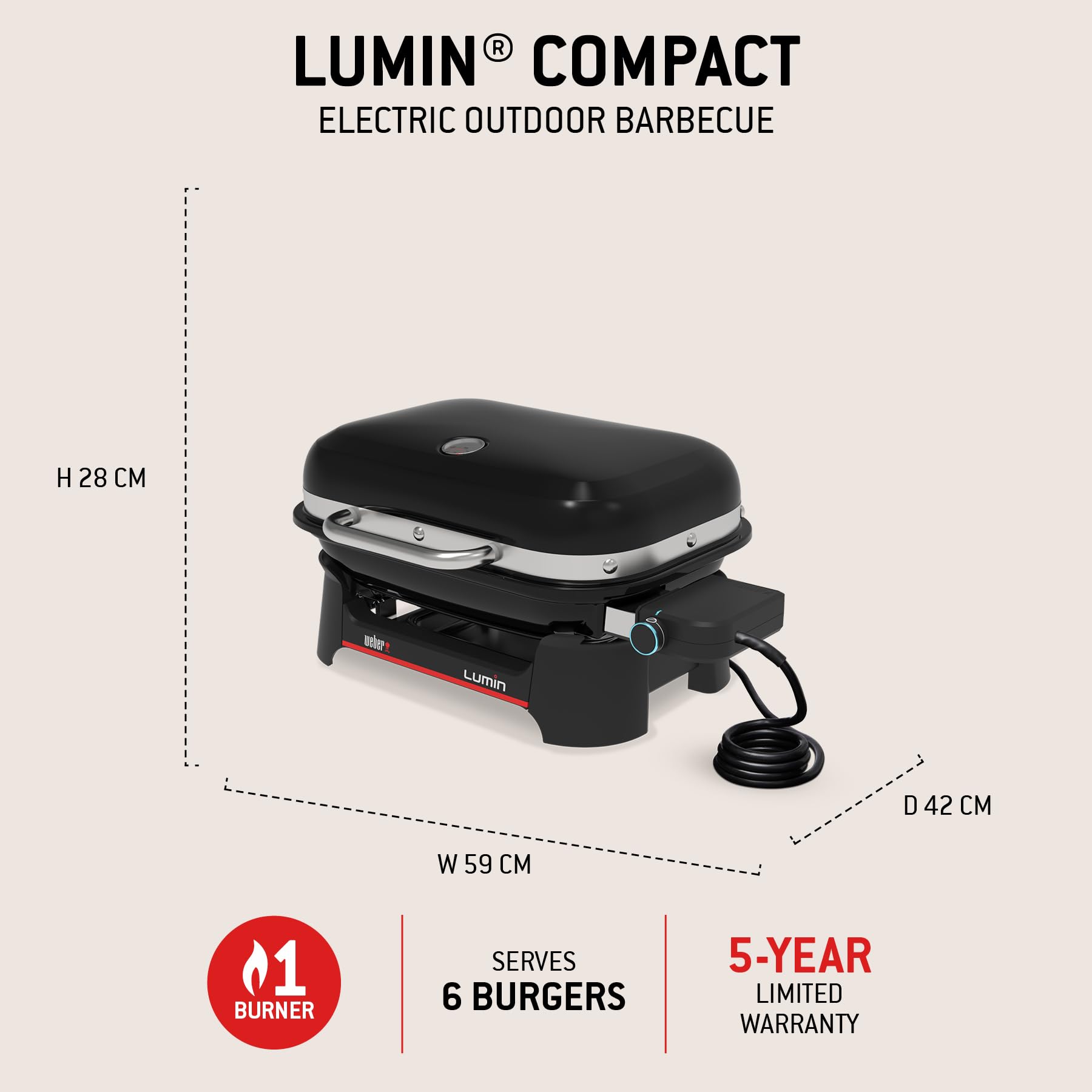 Weber Lumin Compact Barbecue Elettrico Portatile, 315°C, Griglie in Ghisa Smaltata, 43x32 cm, Nero
