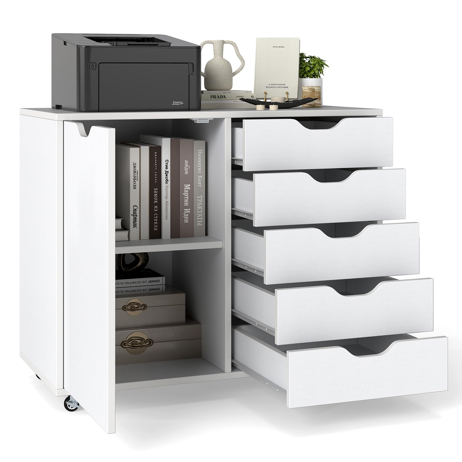 CASART Rolling File Cabinet, 5/7 Drawers Freestanding Storage Organizer Cupboard on Wheels, Home Office Lateral Filing Chest (White, 5 Drawers + 1 Door)
