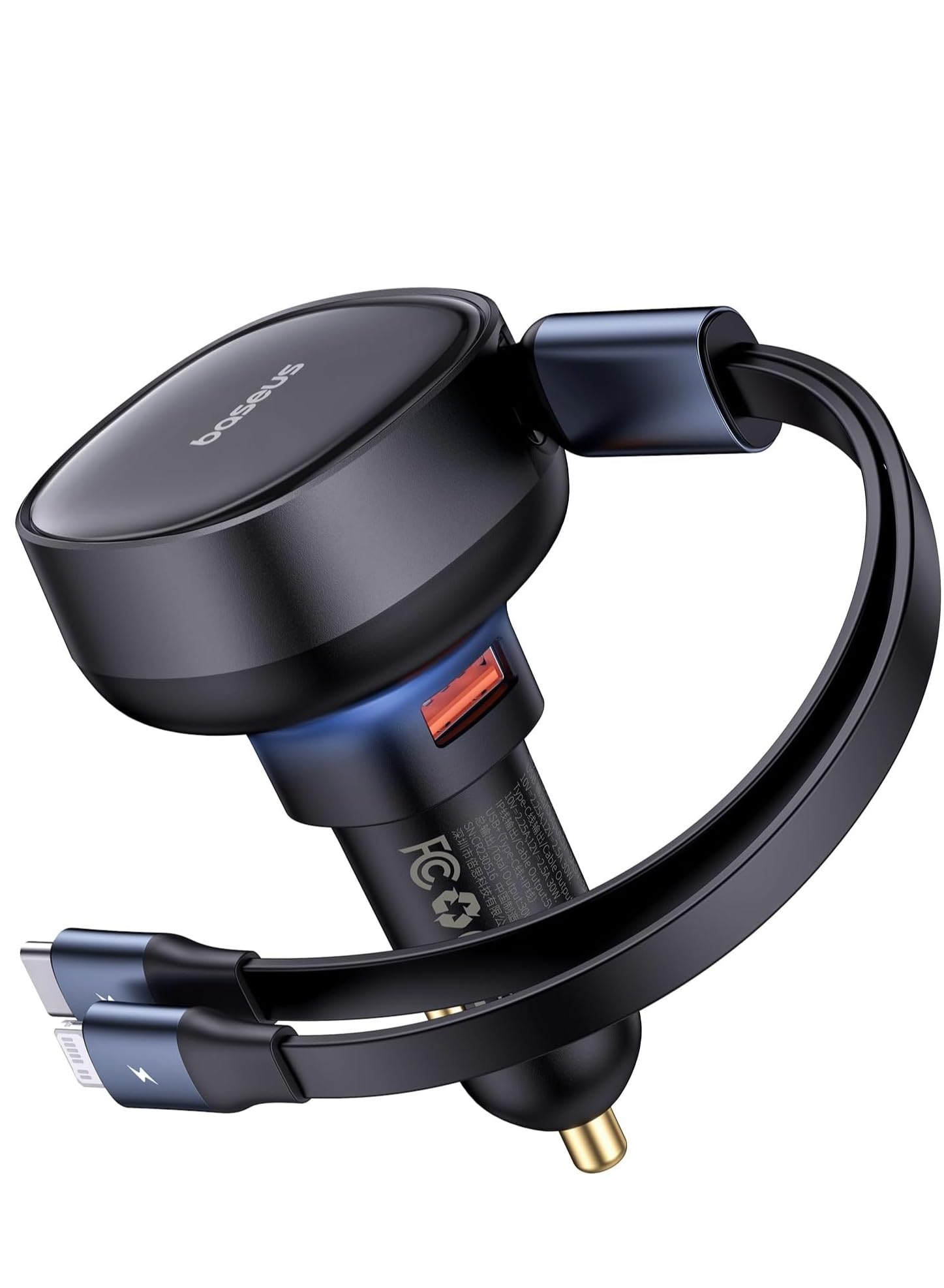 Baseus 60W 3-in-1 Retractable Car Charger USB-C Fast Charging Adapter Built-in Lightning & Type-C Cables USB-A Port Compact & Tangle-Free Compatible with iPhone 15, Samsung S23 & More