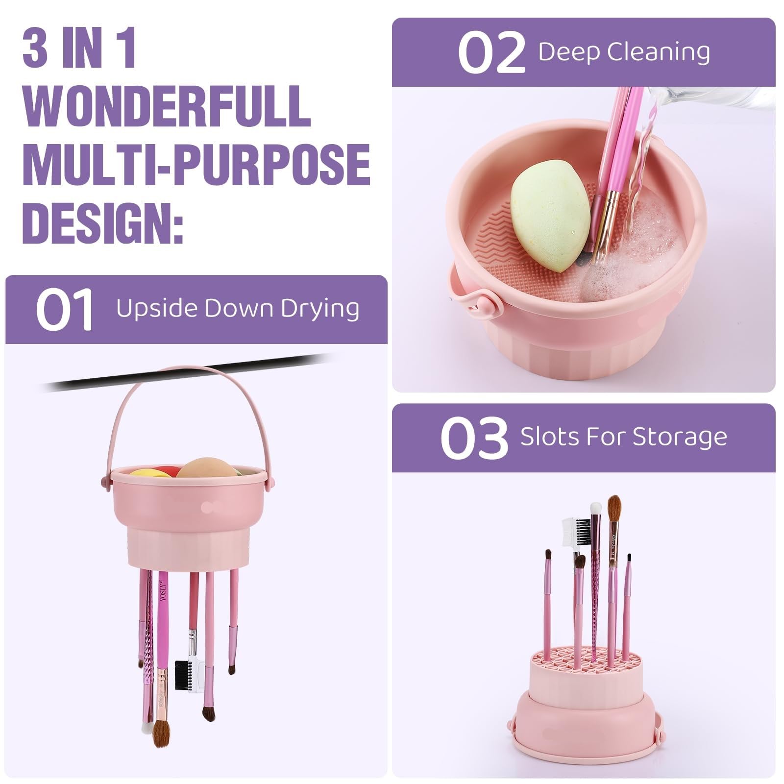 CARTZILLA 3-in-1 Silicone Makeup Brush Cleaner Bowl with Drying Holder – Portable Cosmetic Cleaning Pad with Suction Cups – Washing Bowl, Puff And Sponge Cleaning Tool, Sponge Cleaner (Purple) 4