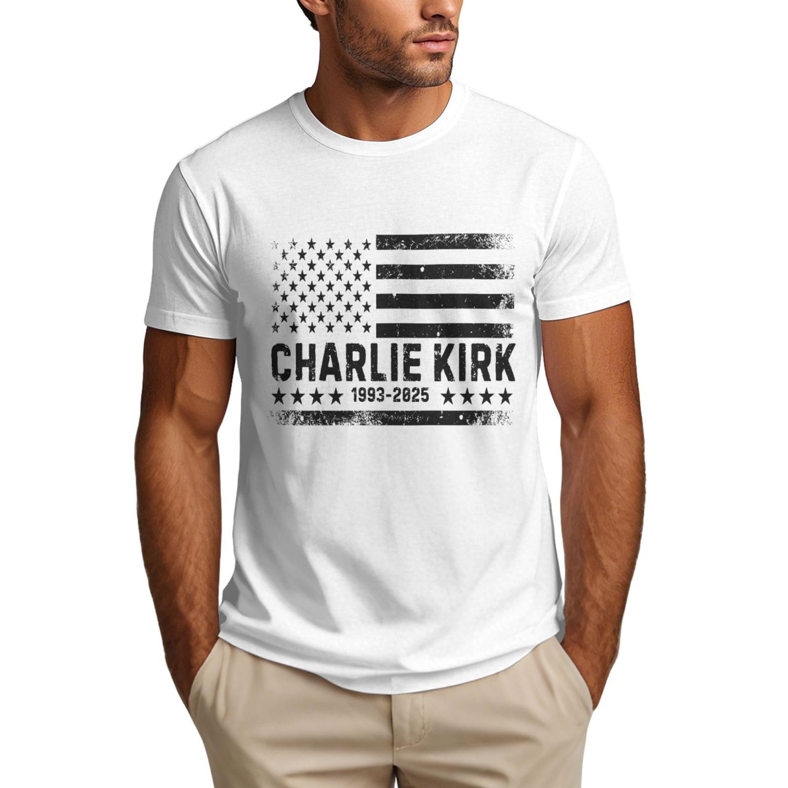 Kwqdozf Men's White Charlie Kirk Shirt With Distressed Usa Flag Memorial Charlie T Shirt