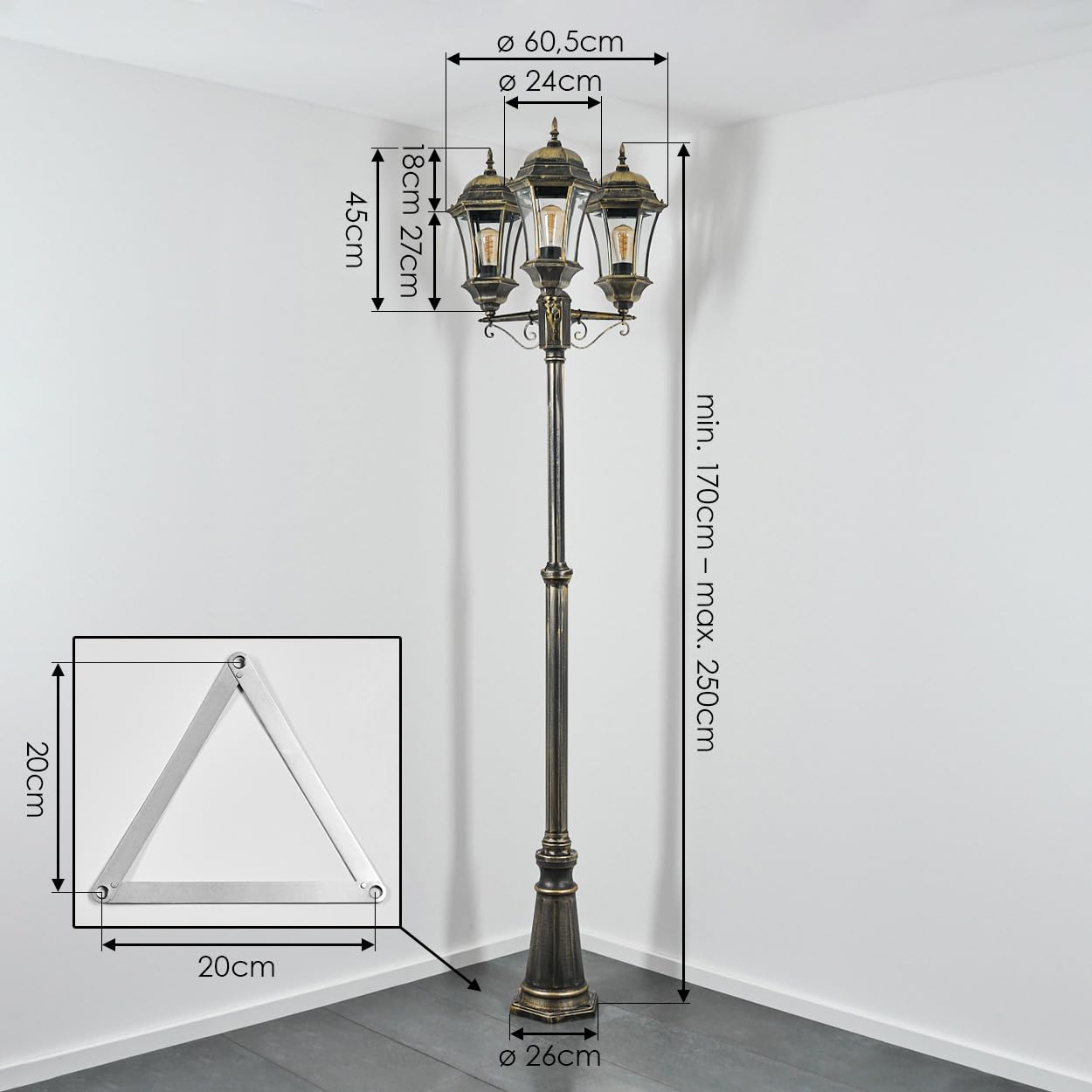 Etoe kandelabr, zewnętrzna lampa chodnikowa wykonana z metalu/szkła w kolorze czarnymno-złotym/przezroczystym, antyczny/dom wiejski, lampa do ogrodu/tarasu, wysokość 250 cm, 3 x E27, bez żarówki, IP44