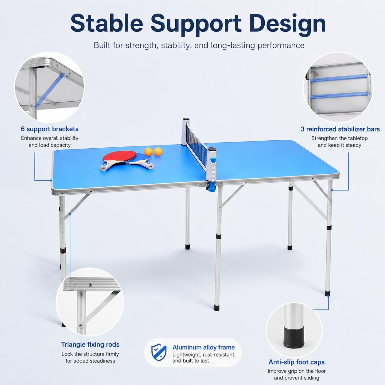 Mini tavolo da ping pong pieghevole, 152 x 76 x 76 cm, tavolo da ping pong portatile con 6 gambe e 3 stabilizzatori, con rete, 2 racchette e 3 palline, per interni ed esterni, per bambini e adulti