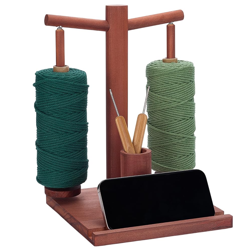 PH PandaHall Porta Filato Doppio in Legno Supporto per Gomitoli di Filato per Uncinetto e Maglia, Rosso Scuro Filatore Stabile con Base Organizer per Riporre Filati per Lavori Artigianali in Casa