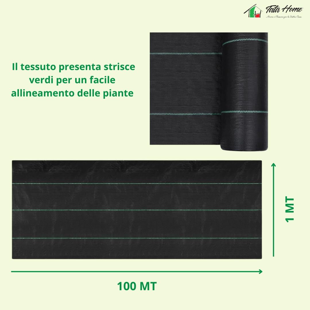 Tata Home Telo Pacciamatura 1x100 Metri 100g/m² Telo Anti Erbacce per Orto Giardino Tessuto Permeabile all'Acqua Stabilizzazione ai Raggi UV Barriere Contro Le Erbe Infestanti Colore Nero