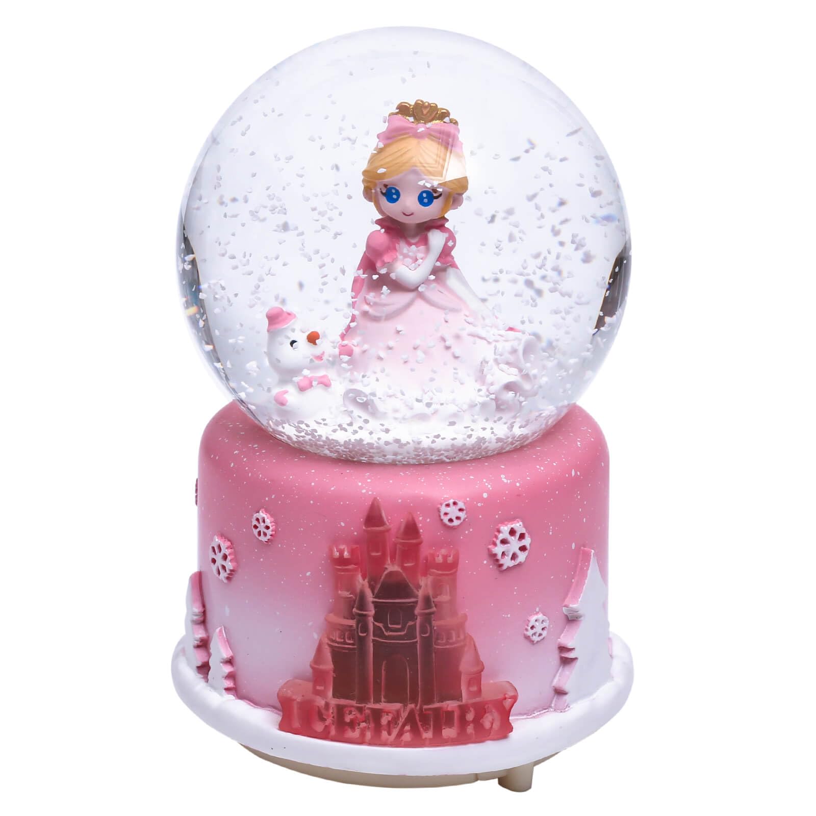 Dalekana Snow Globe with Light for Christmas & Birthday Gift, 80mm Crystal Musical Glitter Glass Water Ball Decoration, Princess & Castle - Pink Snowglobe, 3.5