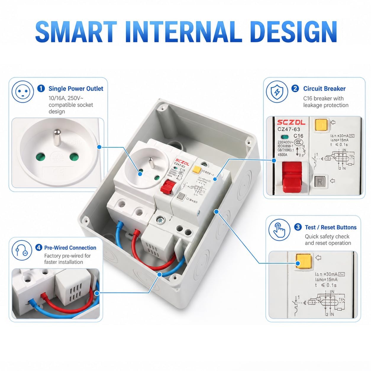 Schuko-Steckdose mit FI-Schutzschalter 16 A 230 V 30 mA IP65