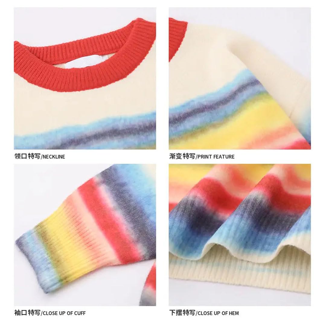 Damski sweter oversize tęczowe paski okrągły dekolt dzianina szwy kolor swobodny styl sweter z długim rękawem