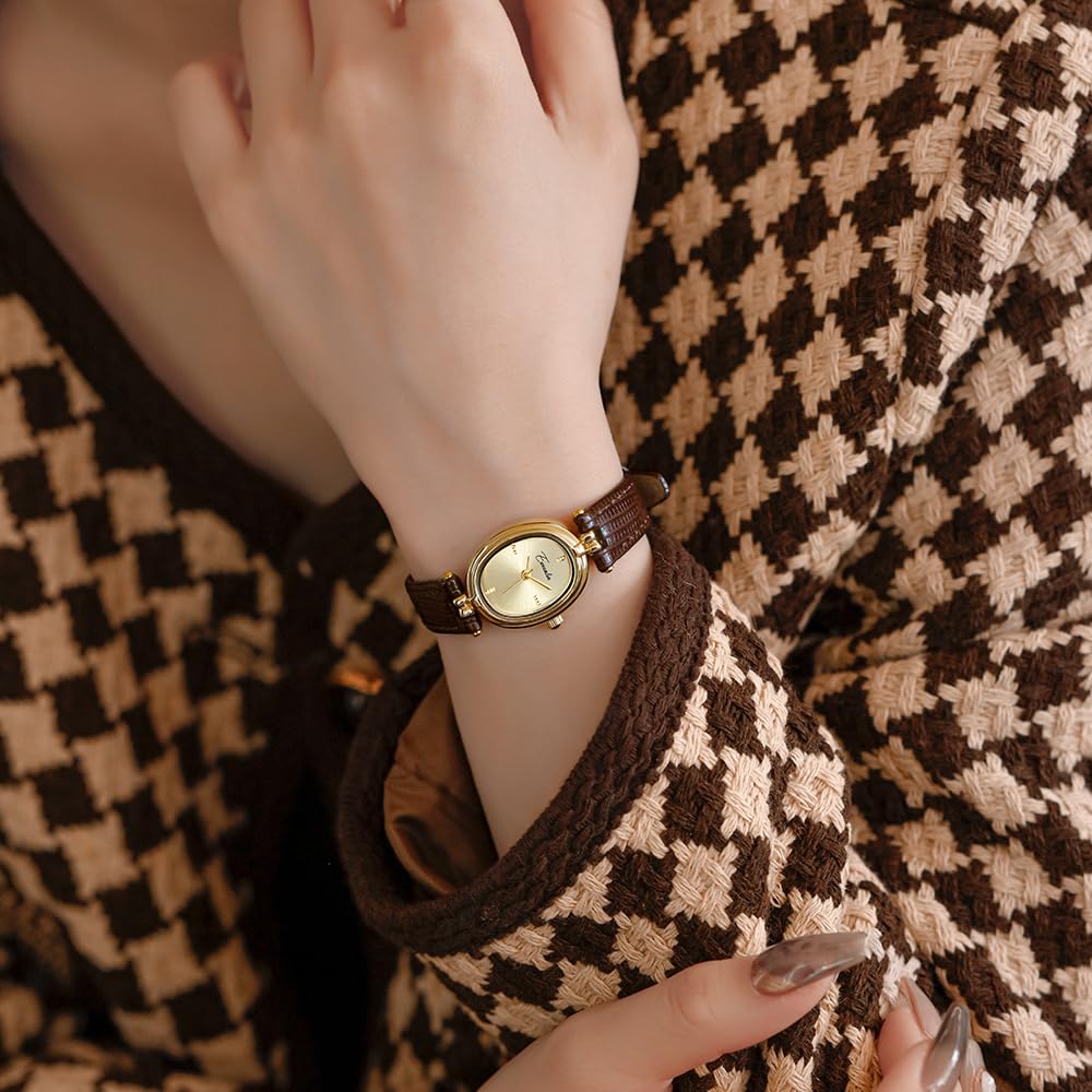 Orologio da polso da donna, alla moda, piccolo, ovale, al quarzo, vintage, con cinturino in pelle, impermeabile, di lusso, casual, marrone, nero