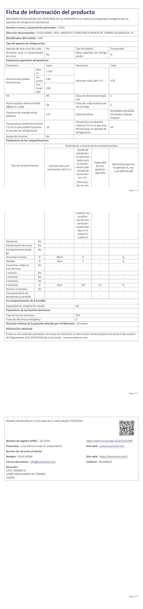 EVVO Frigorífico Combi Integrable Fi65, 180L Frigorífico + 64L Congelador, 194 cm, Total No Frost, Tecnología Inverter, Multi Air Flow, Cajón Chiller Zone, Función ECO y Vacaciones, Silencioso