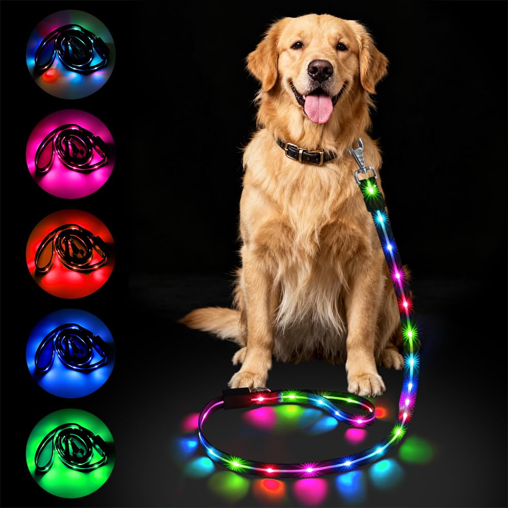AUAUY 1.5 M (5 FT) LED Dog Leash, Rechargeable Reflective LED Leash, 12 Light Modes, USB Rechargeable, Suitable for Nighttime Walks with Large, Medium, and Small Pets
