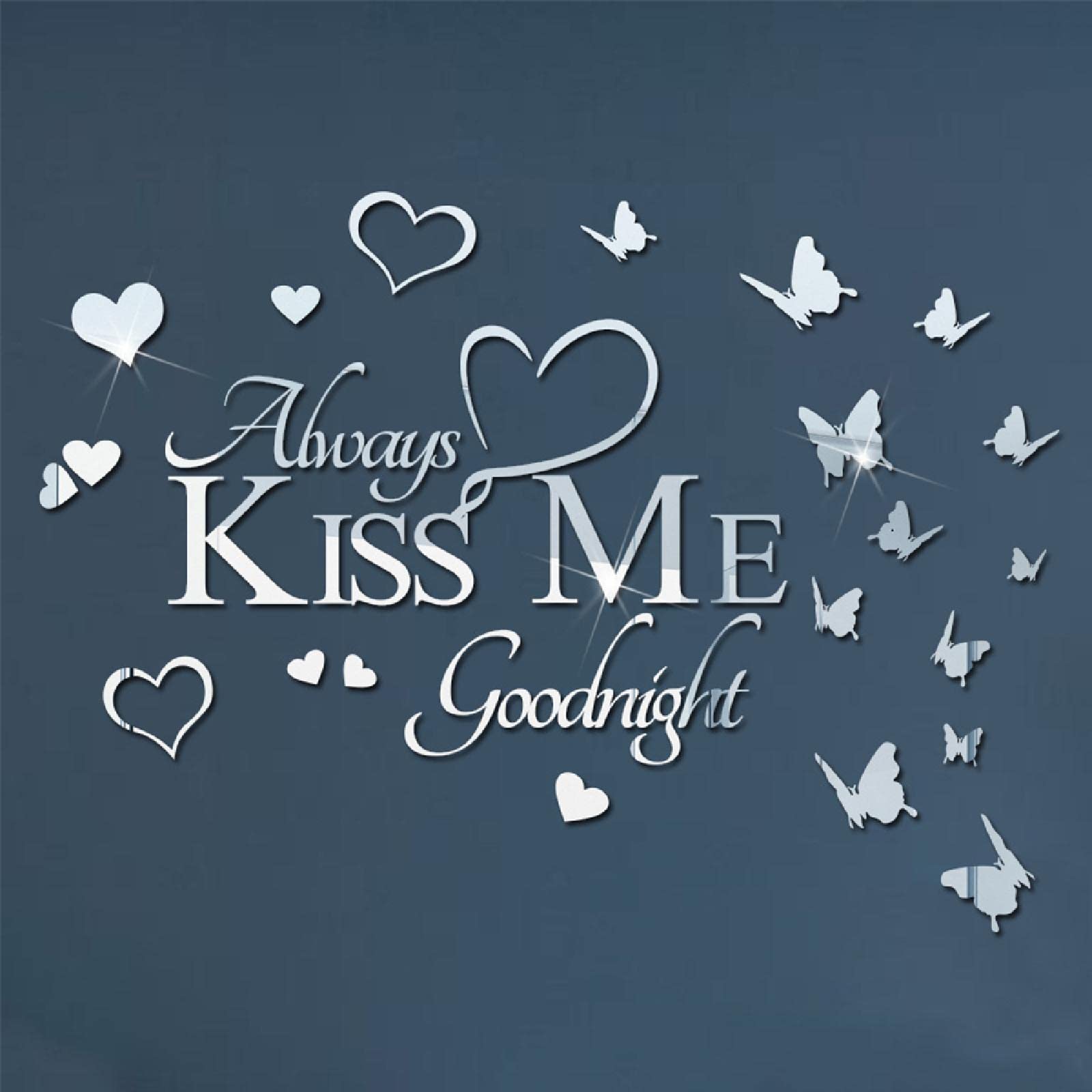 DIY 3D Acrylic Mirror Wall Stickers with Butterfly, Always KISS ME Goodnight Peel and Stick Mirror Wall Decal, Removable Mural Decoration for Decor Home Wedding Living Room Bedroom-Silver