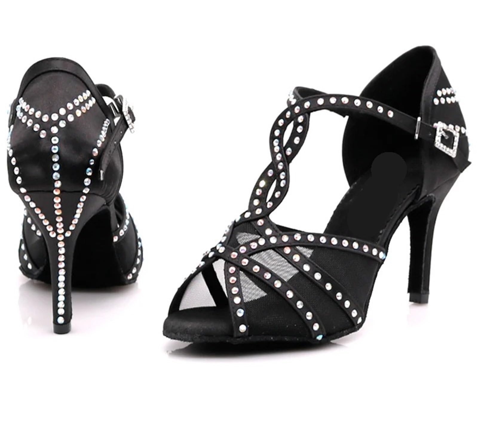 Scarpe da Ballo Latino per Le Donne Scarpe da Ballo Latino Scarpe da Ballo for Cena da Donna Maglia in Raso con Strass Lucidi Scarpe da Salsa Tacchi Alti(Black,Heel 7.5CM_9)