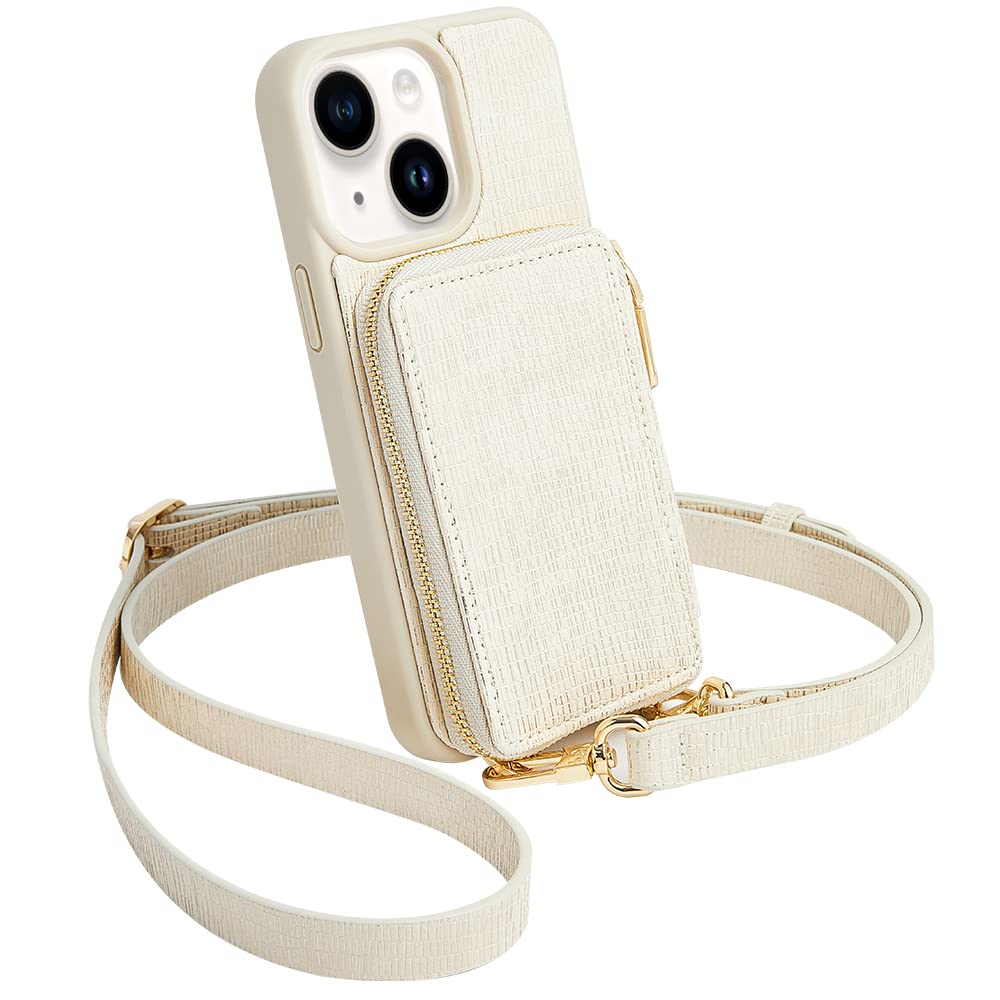 Photo 1 of ZVEdeng Wallet Case Designed for iPhone 14 Plus, RFID Blocking Zipper Wallet Card Holder Slot Case Crossbody Strap Shockproof Leather Purse Case Cover for iPhone 14 Plus 6.7'' 2022 Lizard Skin Beige
