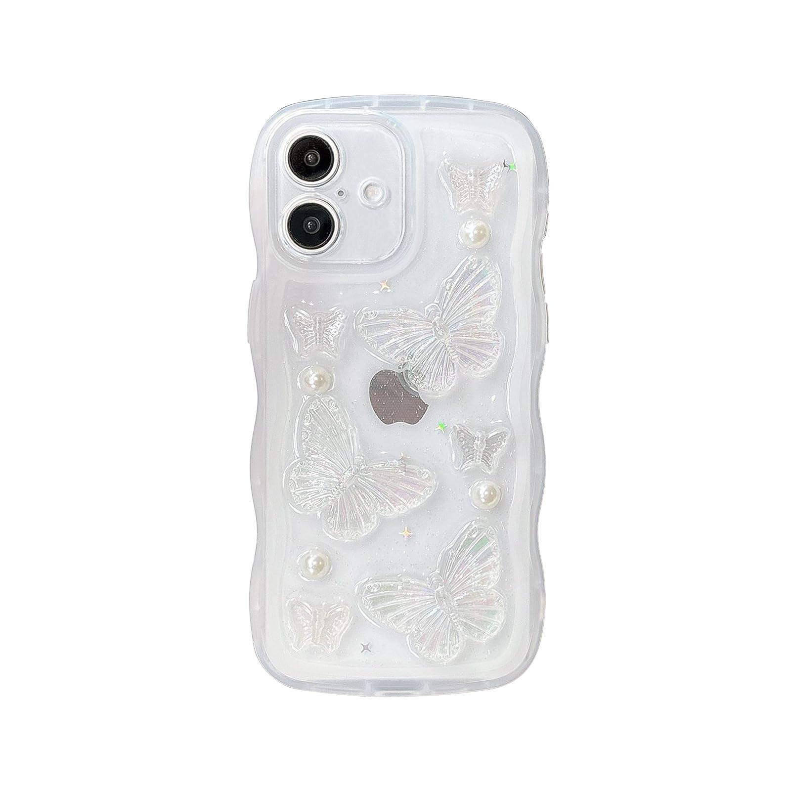 Coque iPhone 16 transparente rigide papillon 3D avec perles blanches - 8