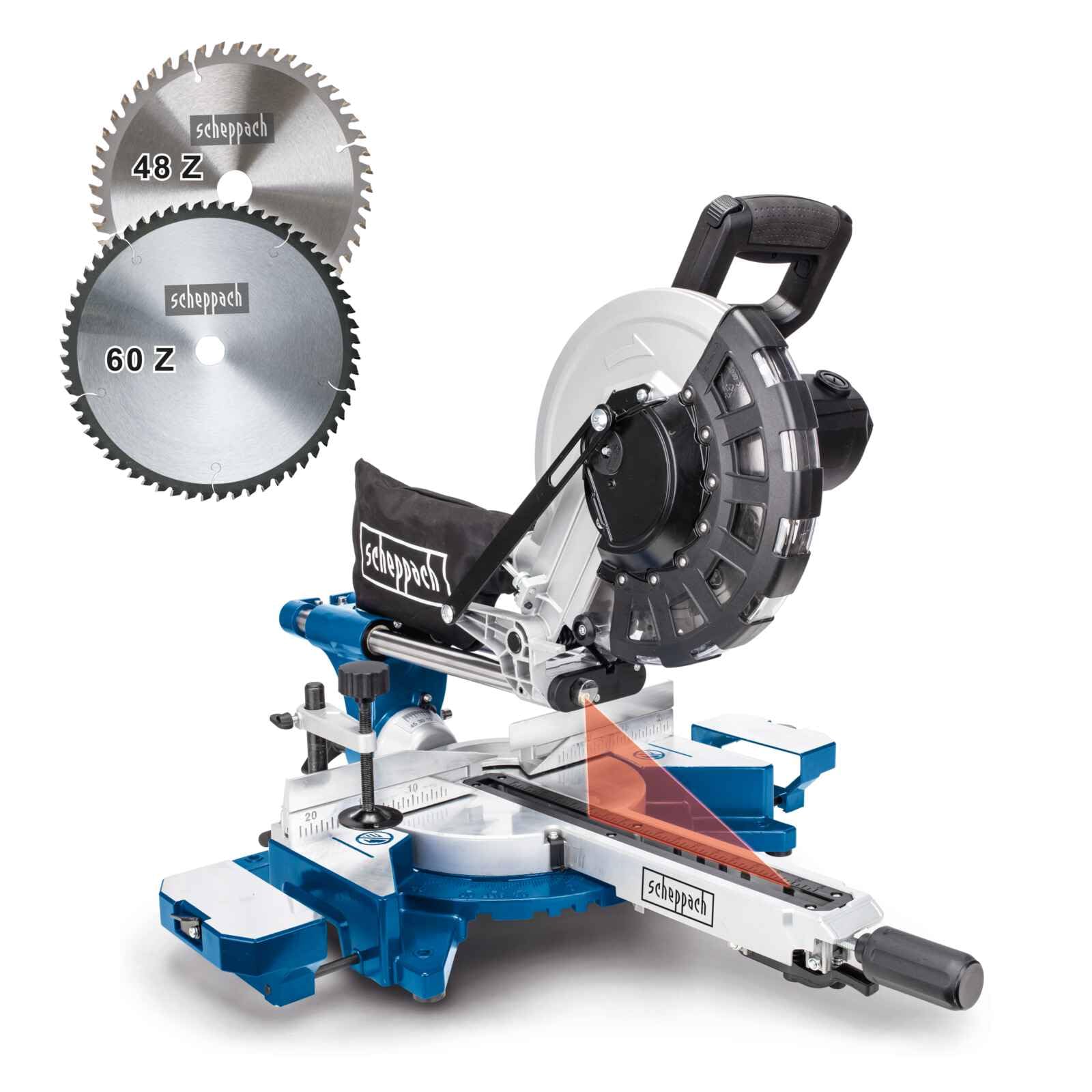 Scheppach HM254 Sliding Mitre Saw | 255mm 10" Blade | 2000W | 45° Bevel 340mm Cross Cut | Laser & Quick-Lock | 2 x TCT Blades 48T 60T for Wood, Plastic & DIY